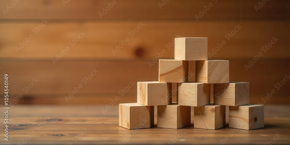 Stacked wooden blocks forming a pyramid structure on a wooden background, representing growth, teamwork, and stability. Stacked wooden blocks forming a pyramid structure on a wooden background, representing growth, teamwork, and stability.