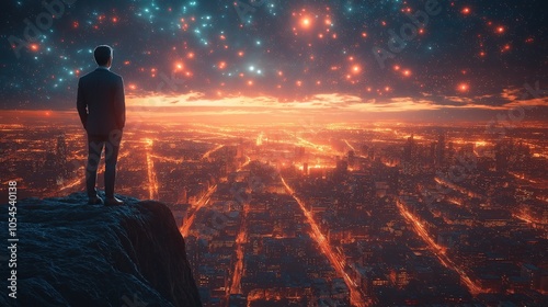A Solitary Figure Gazing at a Futuristic City Under a Starry Sky A Journey of Reflection and Aspiration