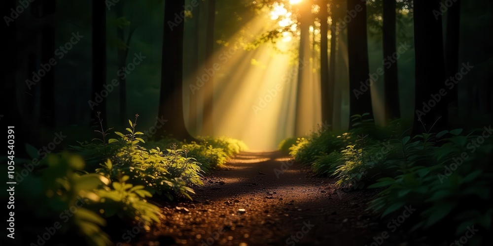 Naklejka premium Sunlight streaming through trees in a lush forest, symbolizing peace, nature, and rejuvenation.