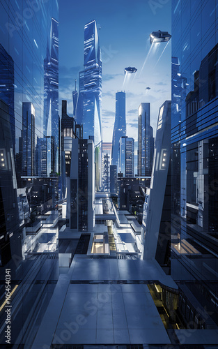 Futuristic cityscape with blue and grey skyscrapers and flying cars  representing technology and progress   