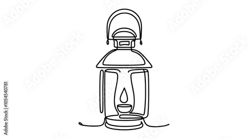 One continuous line illustration of an old street lantern with a candle burning inside, isolated on white background.