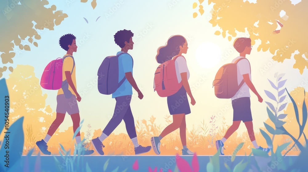Obraz premium A Group of Friends Embarking on an Inspiring Nature Walk Towards the Radiant Horizon, Filled with Adventure and Exploration.