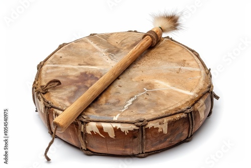 Handmade Native American style shaman drum with goat skin and beater on white background photo