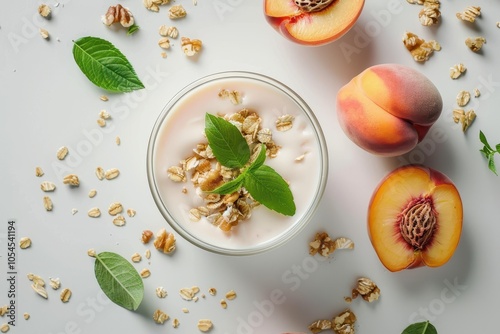 Healthy eating with peach yogurt Breakfast or snack option on restaurant menu or diet cookbook recipe Top view