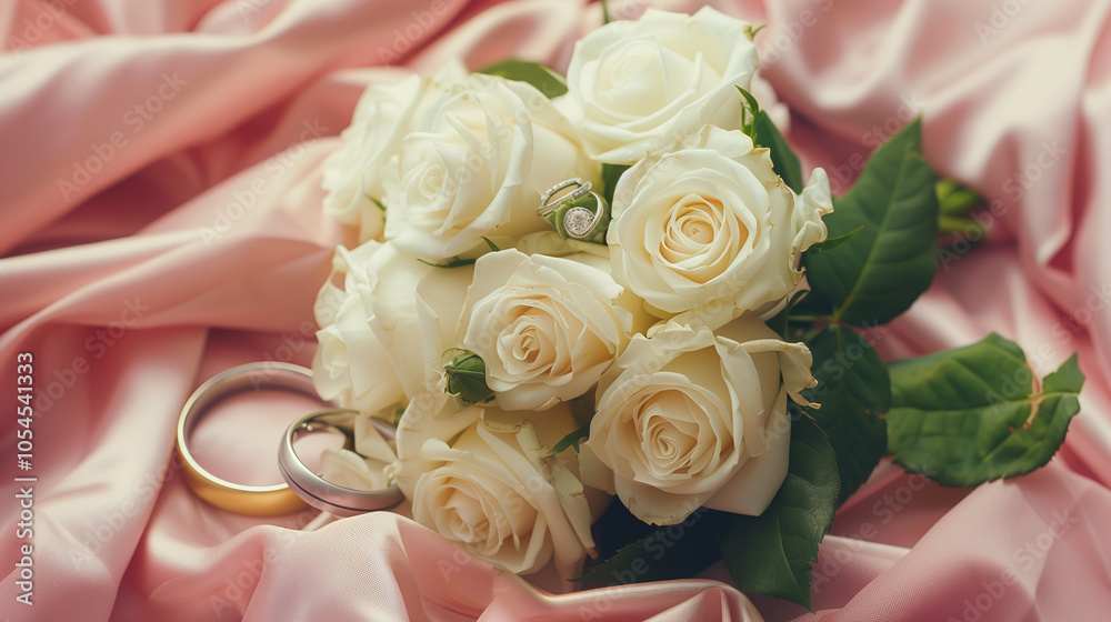 Close-up, top view of a bouquet of white roses and wedding rings on a pink fabric background, featuring high-resolution photography with soft shadows and sharp focus Close-up, top view of a bouquet of white roses and wedding rings on a pink fabric background, featuring high-resolution photography with soft shadows and sharp focus