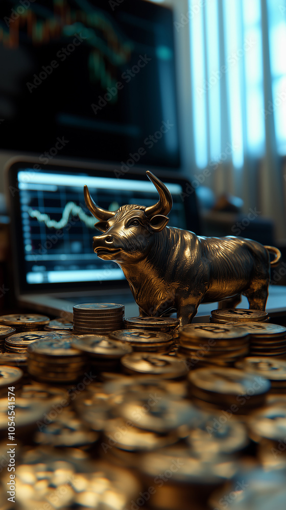 bitcoin and cryptocurrency coins alongside a golden bull, representing the finance market and a bullish trend