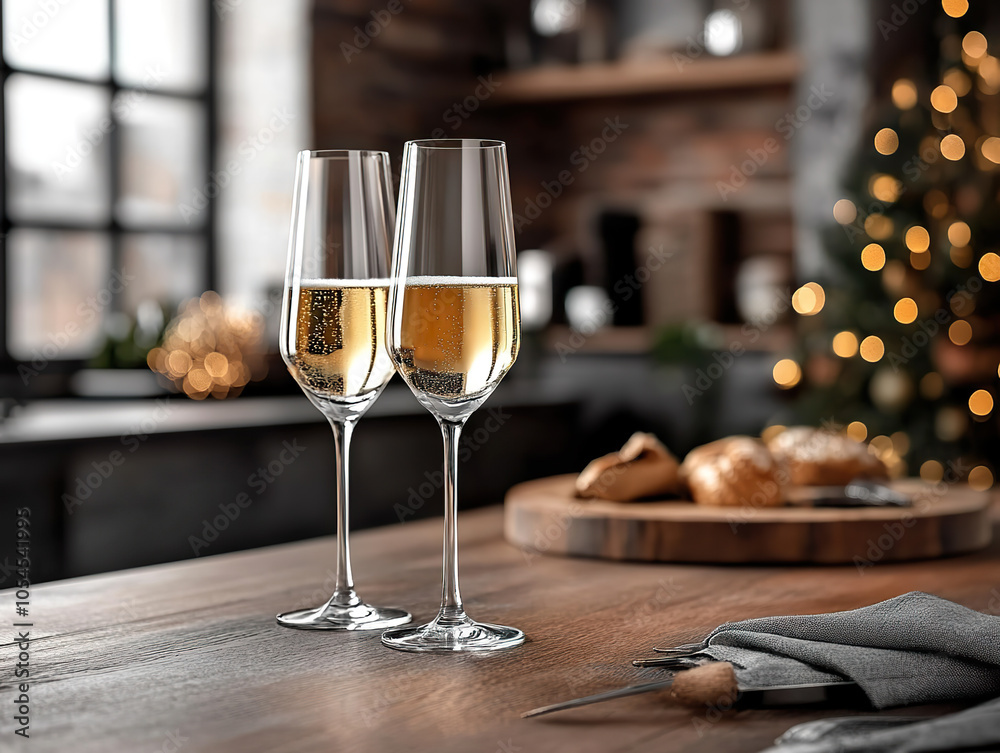 Two Champagne Glasses on Wooden Table Indoors Two Champagne Glasses on Wooden Table Indoors