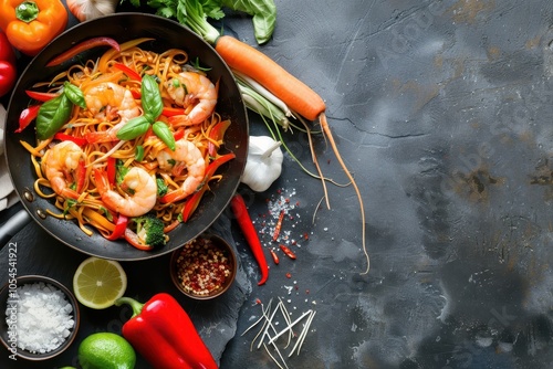 Ingredients for stir fried noodles with shrimp and veggies on stone background Top view with space for text