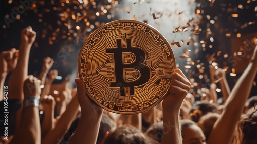 a multitude of hands and people celebrating with Bitcoin coins during a bullish cryptocurrency market