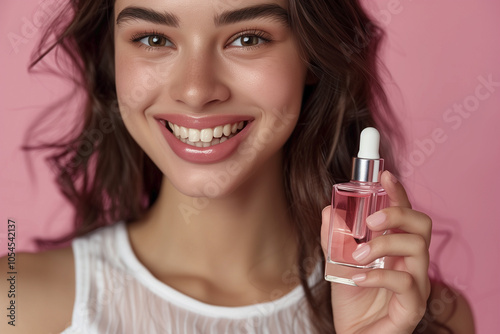 close up of hand holding a bottle of oil, serum, perfume. cosmetic product in the women's hands on pink background, close up. self care, wellness. AI Generated