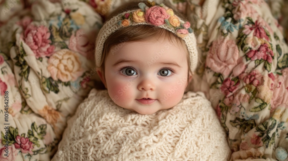 Adorable baby girl with rosy cheeks and a flower headband, looking up at the camera. Adorable baby girl with rosy cheeks and a flower headband, looking up at the camera.