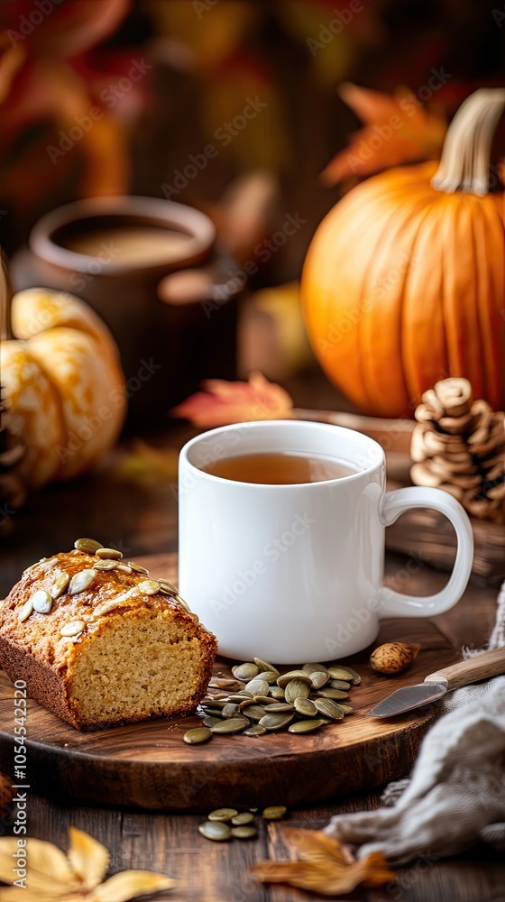 A rustic table is adorned with freshly baked pumpkin bread, drizzled honey, scattered nuts, and autumn leaves, creating a warm, inviting atmosphere for fall enjoyment A rustic table is adorned with freshly baked pumpkin bread, drizzled honey, scattered nuts, and autumn leaves, creating a warm, inviting atmosphere for fall enjoyment