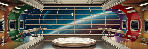 Futuristic space station interior, with panoramic windows and curved walls.
