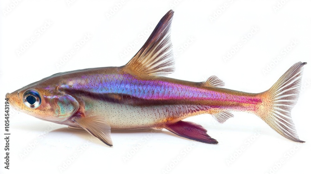 striking iridescent shark catfish is displayed revealing its vivid coloration and unique features against a clean white background perfect for highlighting its beauty. striking iridescent shark catfish is displayed revealing its vivid coloration and unique features against a clean white background perfect for highlighting its beauty.