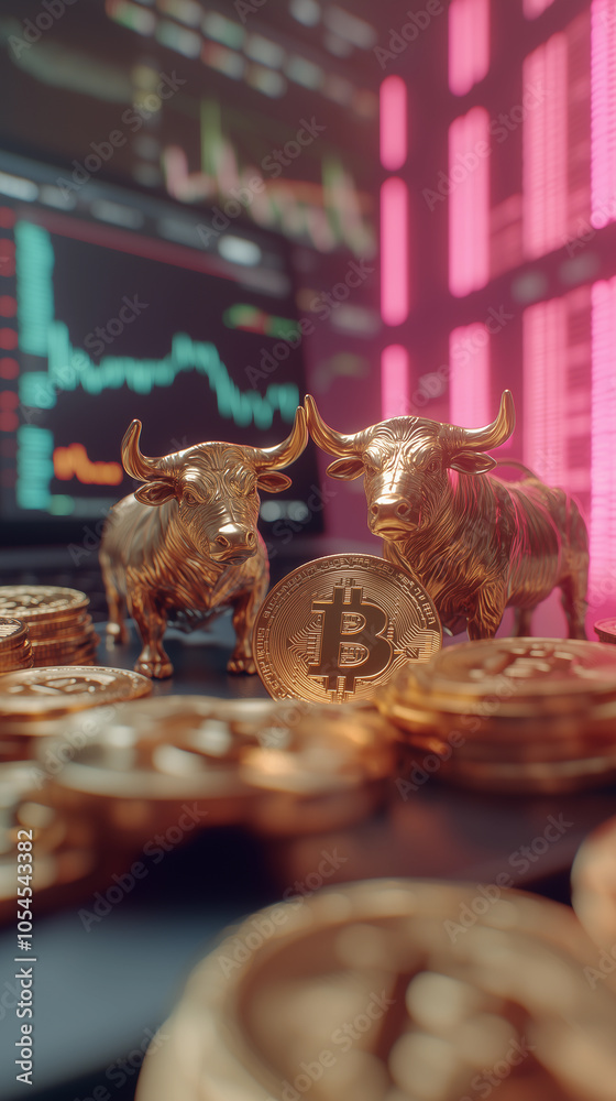 bitcoin and cryptocurrency coins alongside a golden bull, representing the finance market and a bullish trend