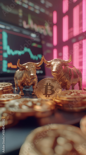 Obraz na płótnie bitcoin and cryptocurrency coins alongside a golden bull, representing the finance market and a bullish trend w salonie