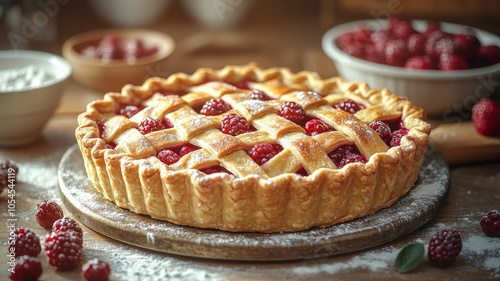 A pie baking scene showing a freshly prepared pie with lattice crust placed on a baking sheet