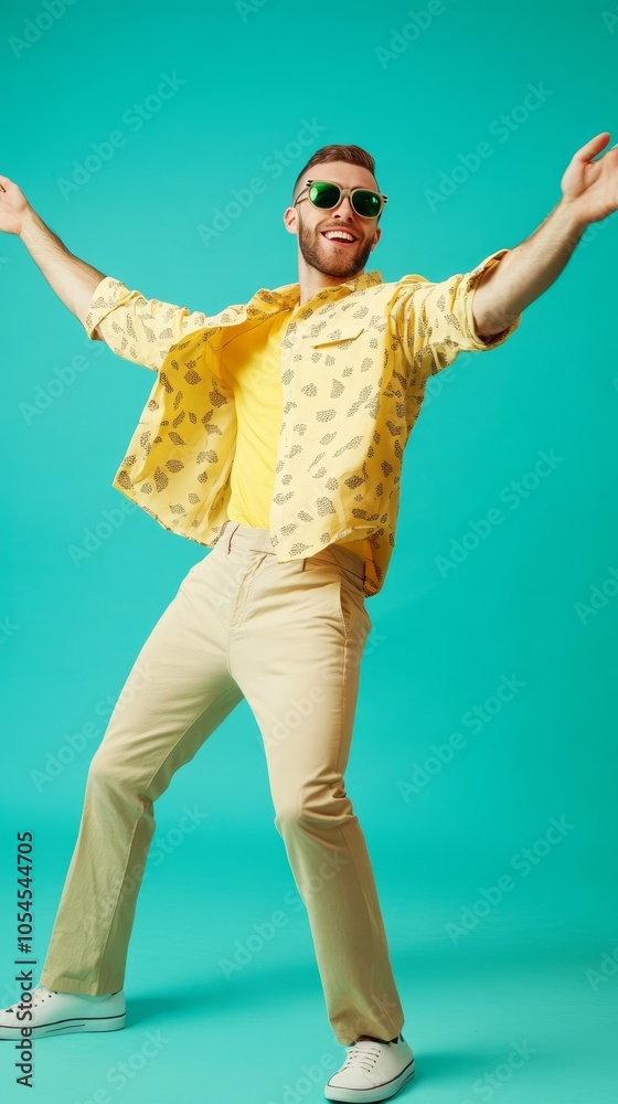 Happy Young Man Dancing in Trendy Yellow Outfit Against Turquoise Background Happy Young Man Dancing in Trendy Yellow Outfit Against Turquoise Background