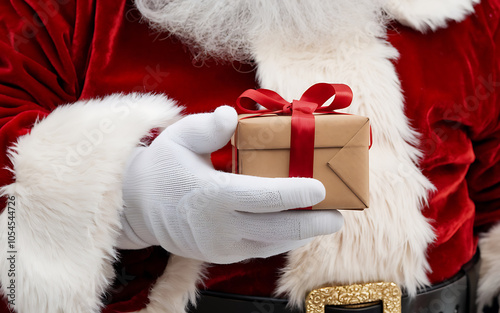 Santa Claus red suit white glove holding gift box Christmas holiday cheer   