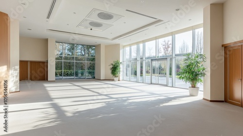 Spacious Modern Hall with Natural Light Illuminating the Elegant Interior and Lush Greenery  Perfect for Events and Gatherings