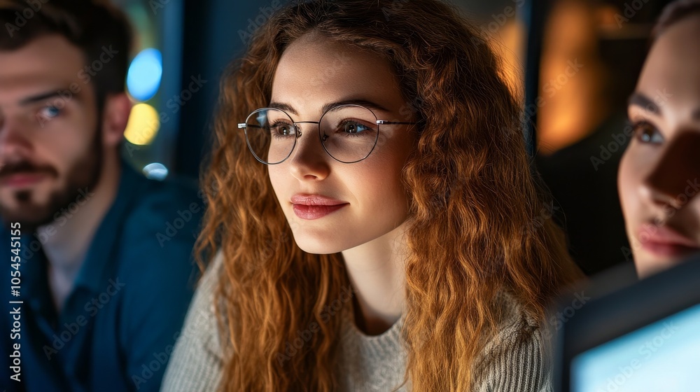 Obraz premium A Thoughtful Young Woman in Round Glasses, Immersed in a Creative Discussion with Friends in a Cozy, Dimly Lit Environment.