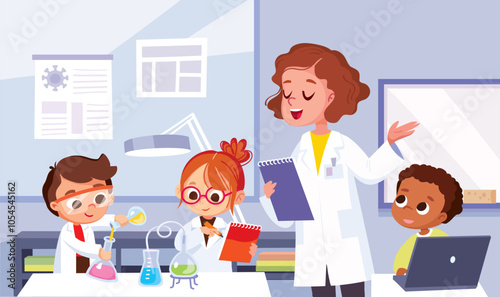 Pupils students is studying chemistry making science experiment in chemistry class. boy pouring test tube, girl making notes, teacher explaining lesson, introducing subject. Vector flat design.