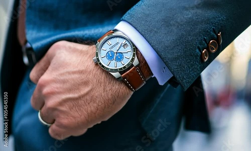 A man wearing a silver watch with a brown leather strap.