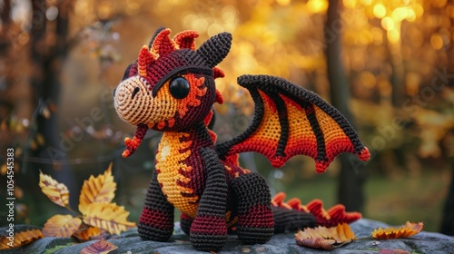 A brilliantly designed crocheted dragon with vibrant fiery colors standing majestically in an autumn forest setting, reflecting fantasy, creativity, and power. photo