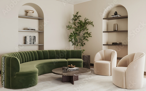 Modern living room interior design with green sofa and beige chairs  minimalist style  contemporary and elegant   