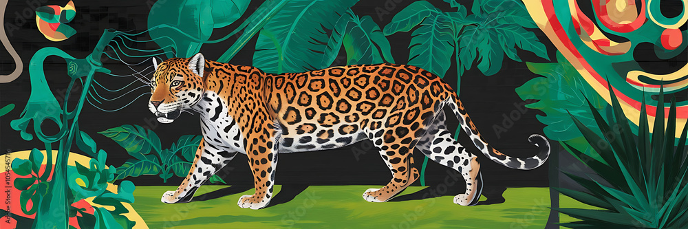 Naklejka premium A jaguar with orange and black spots walks through a lush green jungle Tropical nature and wildlife 