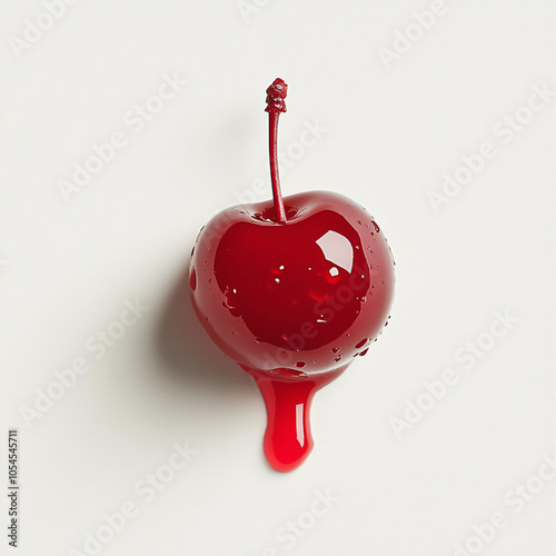 red cherry dripping sweet syrup on white background  isolated  delicious candy dessert food  glossy