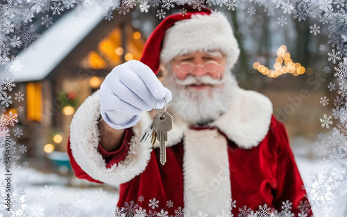 Santa Claus in red and white suit holding keys against a snowy winter background Christmas holiday magic   