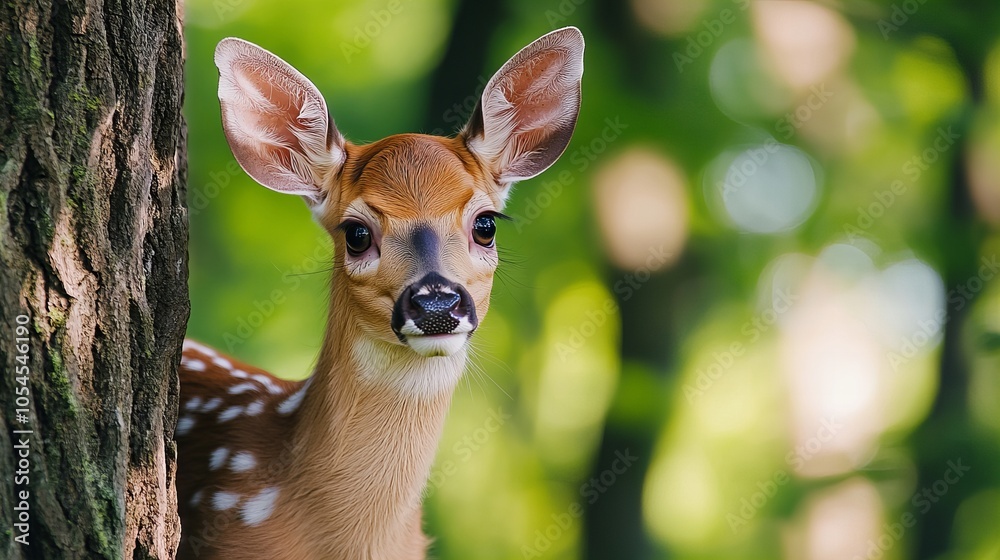A young deer with large ears peeks out from behind a tree in a lush forest setting. A young deer with large ears peeks out from behind a tree in a lush forest setting.