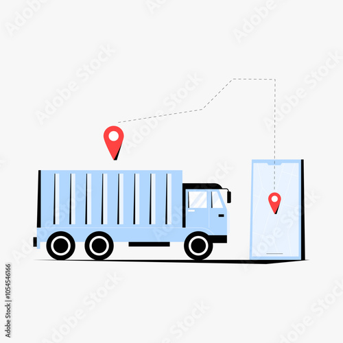 Truck with navigation pin and mobile device in flat vector illustration symbolizing location tracking, logistics, and delivery service, isolated on white background.