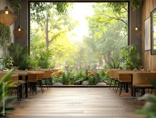 Many plants in the room and a window  stylish mall cafe area