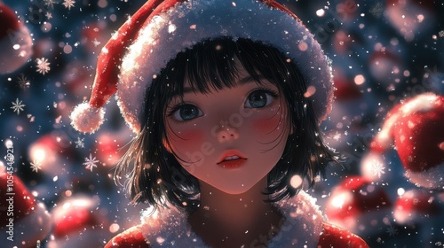 Anime girl wearing santa hat and red dress surrounded by snowflakes