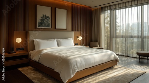 A modern bedroom with a king-sized bed  white linens  wooden floors  and large windows overlooking a lush green landscape.