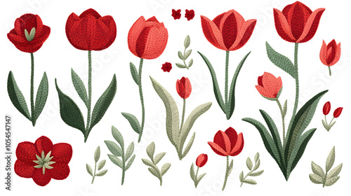 cute tulip flower embroidery style png cut out element set 