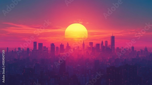 Sunset over a city with skyscrapers and a bright sun