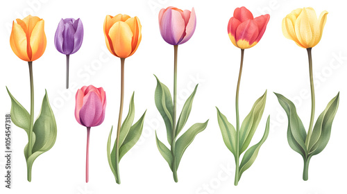 cute tulip flower embroidery style png cut out element set 