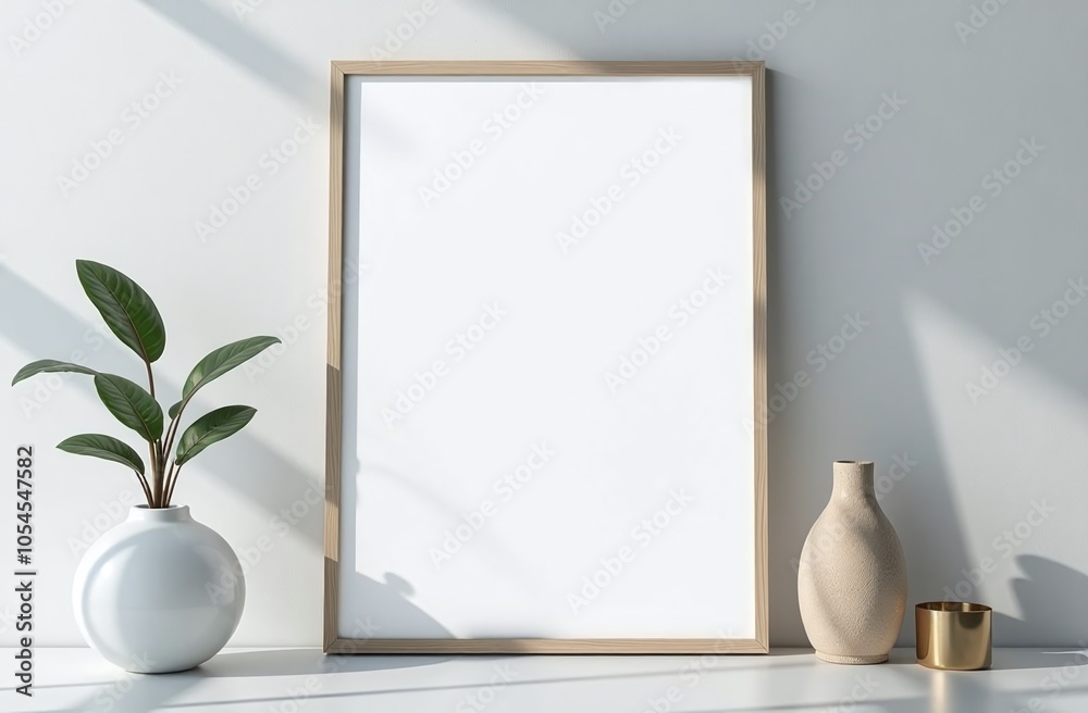 Natural light highlights a blank picture frame alongside a modern vase and a potted plant, creating a serene atmosphere in a stylish interior space Natural light highlights a blank picture frame alongside a modern vase and a potted plant, creating a serene atmosphere in a stylish interior space