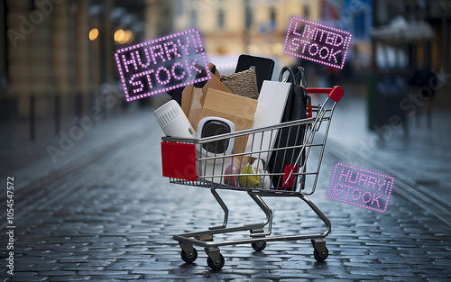 Shopping Cart Full of Products Limited Stock Hurry Up  A shopping cart filled with products  a sense of urgency and limited availability 