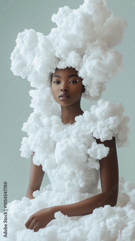 A portrait of an African woman wearing a white dress made of cloud-like shapes. Her hair is also adorned with cloud-like forms, all rendered in a surrealistic style, reminiscent of fashion photography A portrait of an African woman wearing a white dress made of cloud-like shapes. Her hair is also adorned with cloud-like forms, all rendered in a surrealistic style, reminiscent of fashion photography