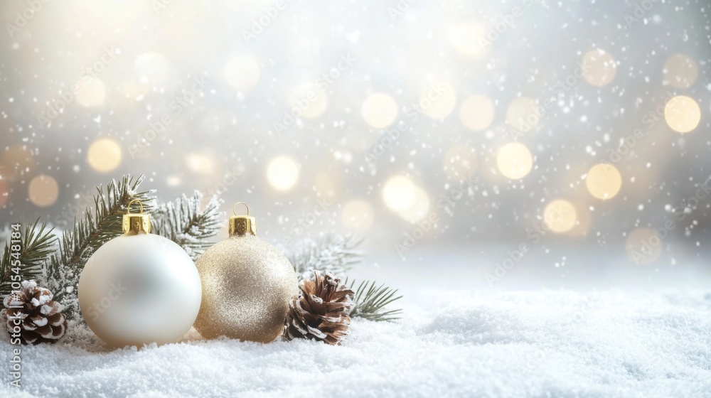 glittering silver, white Christmas ornament resting on a soft, snowy surface, surrounded by a dreamy, blurred warm background. glittering silver, white Christmas ornament resting on a soft, snowy surface, surrounded by a dreamy, blurred warm background.
