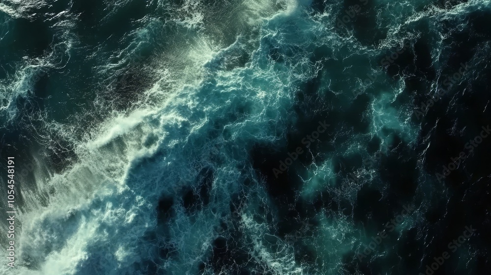 Dynamic Dance of Ocean Waves: Nature's Symphony in Turquoise and Deep Blue Hues Captured from Above, Evoking Serenity and Power. Dynamic Dance of Ocean Waves: Nature's Symphony in Turquoise and Deep Blue Hues Captured from Above, Evoking Serenity and Power.
