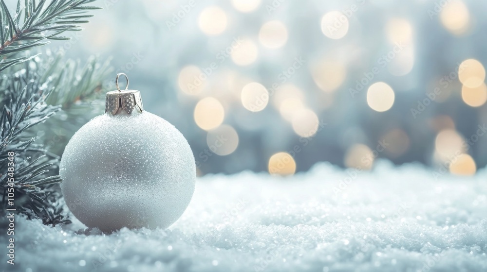 glittering silver, white Christmas ornament resting on a soft, snowy surface, surrounded by a dreamy, blurred warm background. glittering silver, white Christmas ornament resting on a soft, snowy surface, surrounded by a dreamy, blurred warm background.
