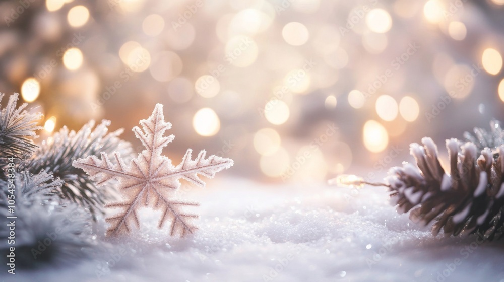 Close-up of a snowy Christmas tree branch adorned with twinkling lights, set against a softly blurred golden background. Close-up of a snowy Christmas tree branch adorned with twinkling lights, set against a softly blurred golden background.