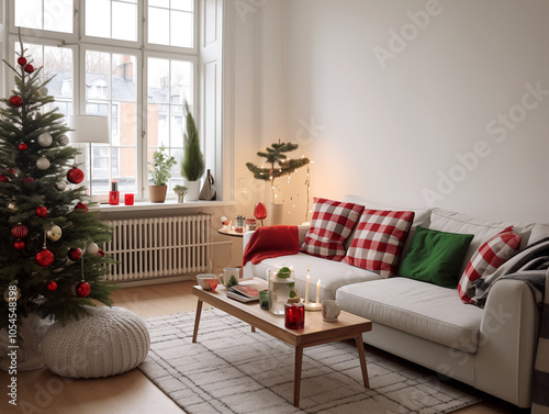 Modern and classic styles inspired scandinavian living room with Christmas tree and Christmas decor and Christmas tartan plaid accents. Festive season interior. photo