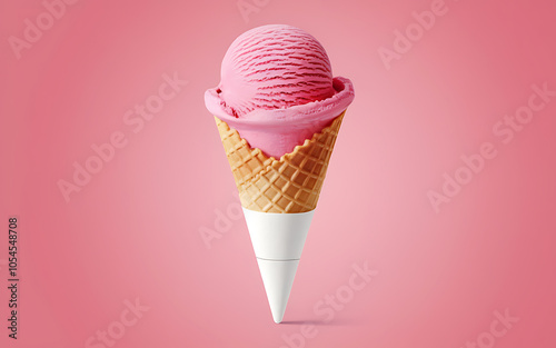 Pink ice cream cone on pink background  summer treat concept   