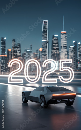 Futuristic car driving towards glowing 2025 in a cityscape  representing a new era of technology and progress   